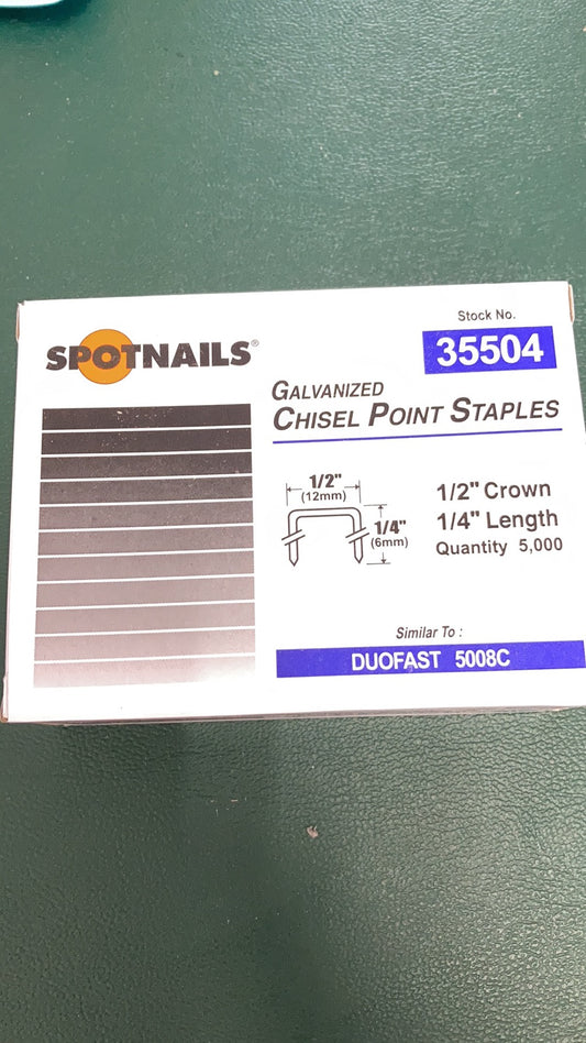 Spotnails 50 Series Staples. Similar To Duo-Fast 50 Series. 20 Gauge 1/2" Crown For Wood Working (Galvanized & 304 Stainless Steel)