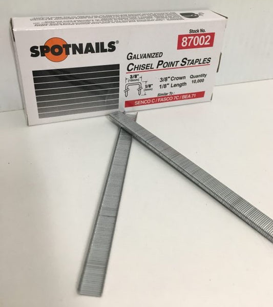 Spotnails 71 Series Staples. Similar To BEA 71 Series. 22 Gauge 3/8" Crown (Galvanized & 304 Stainless Steel)