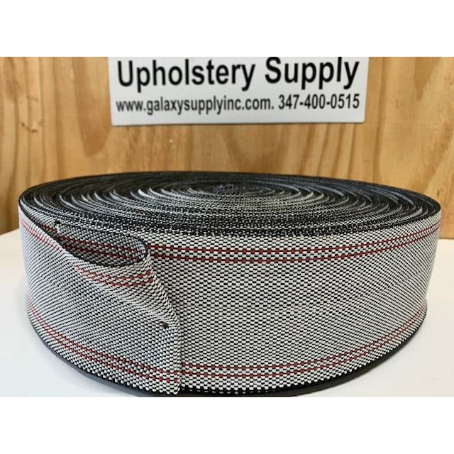 Upholstery Webbing --- Poly / Synthetic Heavy Duty Webbing 3-1/2″ Gray With Red Stripe