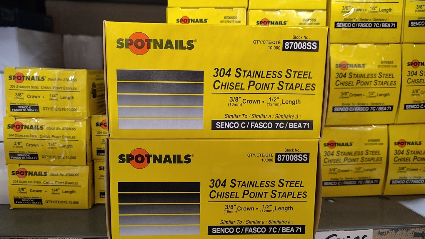 Spotnails 71 Series Staples. Similar To BEA 71 Series. 22 Gauge 3/8" Crown (Galvanized & 304 Stainless Steel)