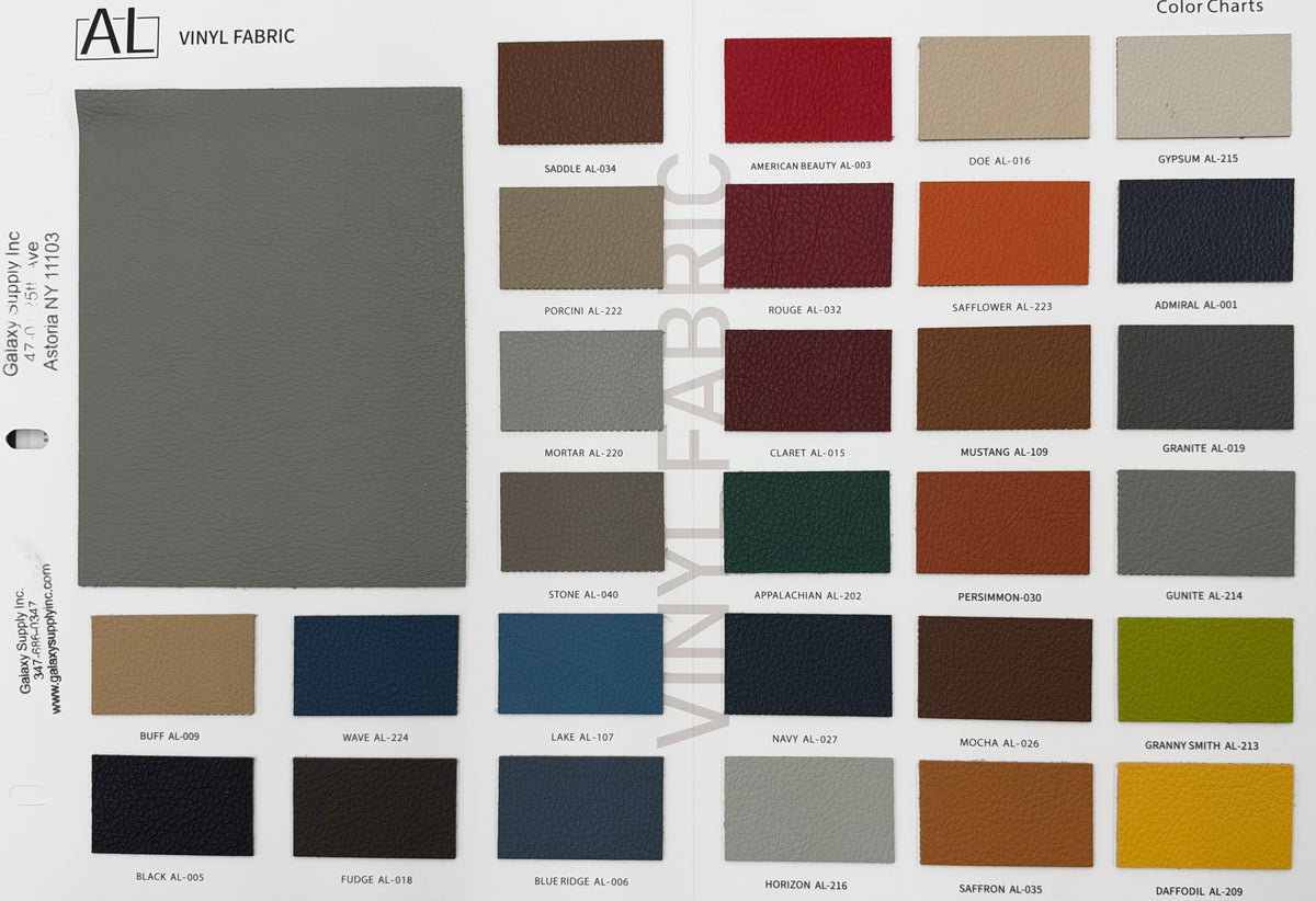 A vinyl fabric color chart sheet from Altest Inc., featuring a large gray sample panel on the left and multiple small color swatches arranged in a grid on the right, with labels such as Sample Al-001 through Capri Al-009.
