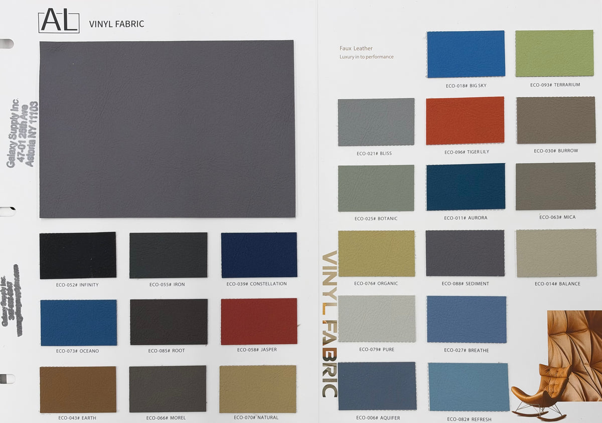 A vinyl fabric color swatch book page showing a large dark gray sample panel and multiple smaller color options labeled with names like Ecru Leather, Ecru Navy, and Ecru Brown, plus a small illustration of brown leather shoes in the lower right corner.