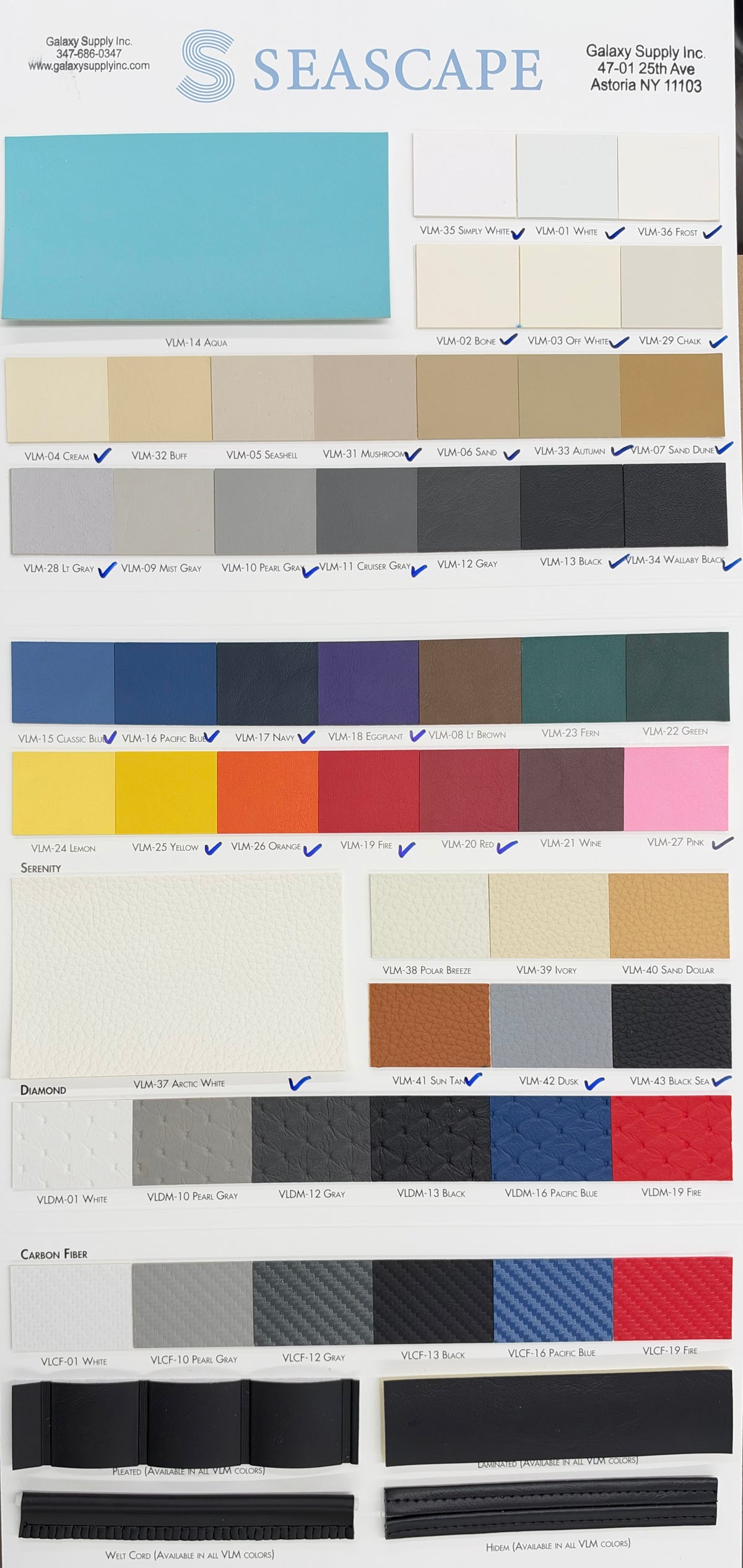 A Seascape Galley Supply color swatch chart displaying various fabric and carpet color options with labels, checkmarks, and swatches on a white background.