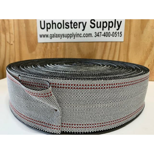 Upholstery Webbing --- Poly / Synthetic Heavy Duty Webbing 3-1/2″ Gray With Red Stripe
